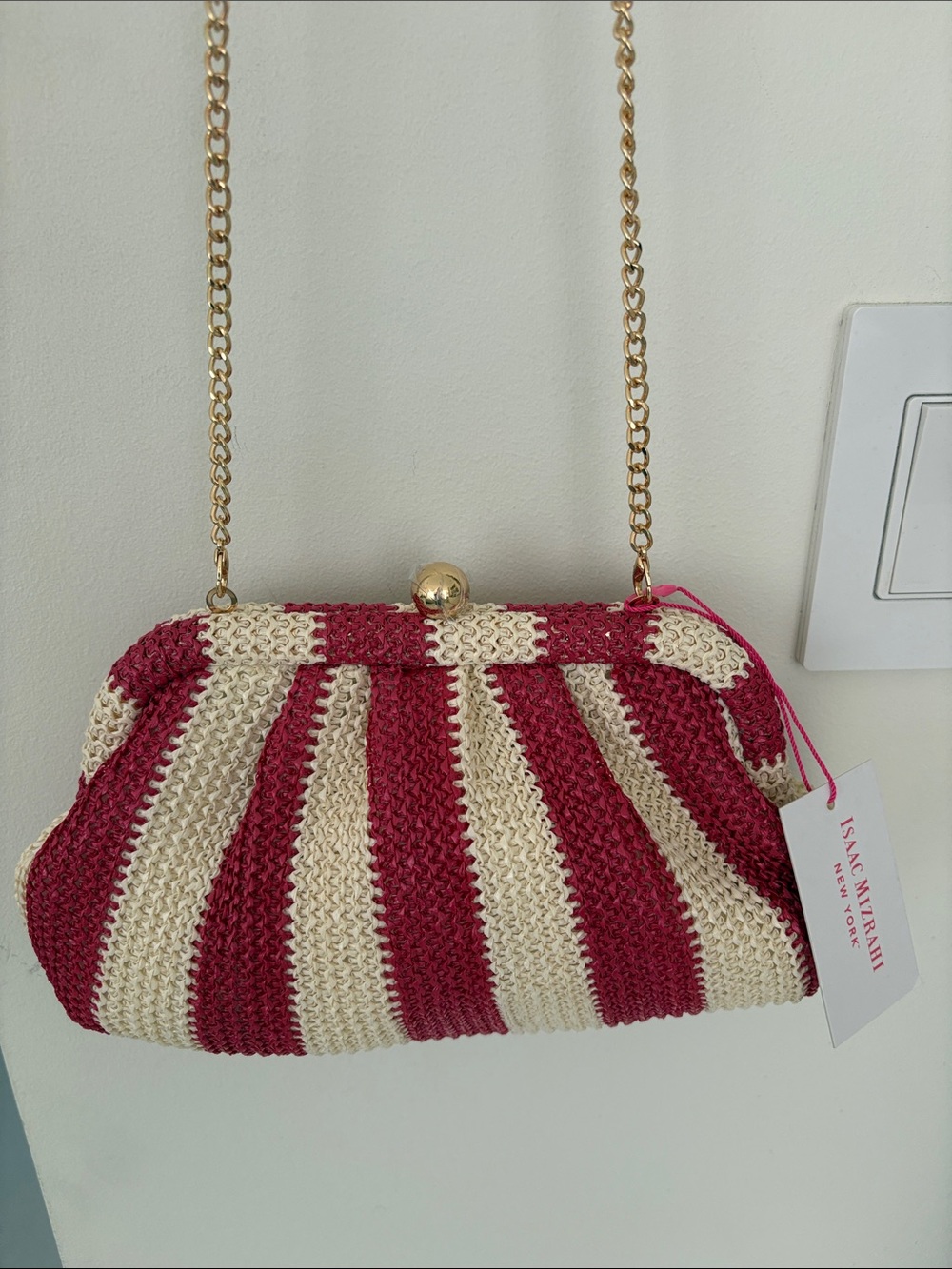 NWT Isaac Mizrahi Red and Cream Striped Straw Chain Shoulder Clutch